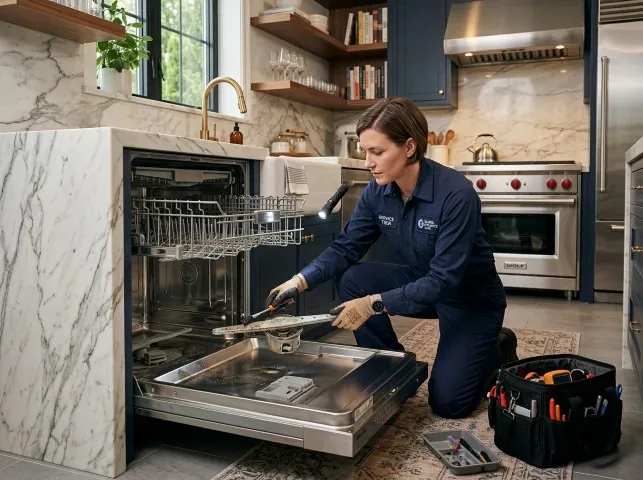 Appliance Repair Hero technician servicing a built-in dishwasher in a Bliss, NY kitchen