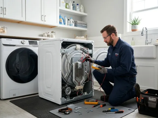 Appliance Repair Hero technician checking a dryer heating element with the rear panel off in Bliss, NY