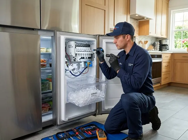 Appliance Repair Hero technician repairing a refrigerator ice maker in Bliss, NY