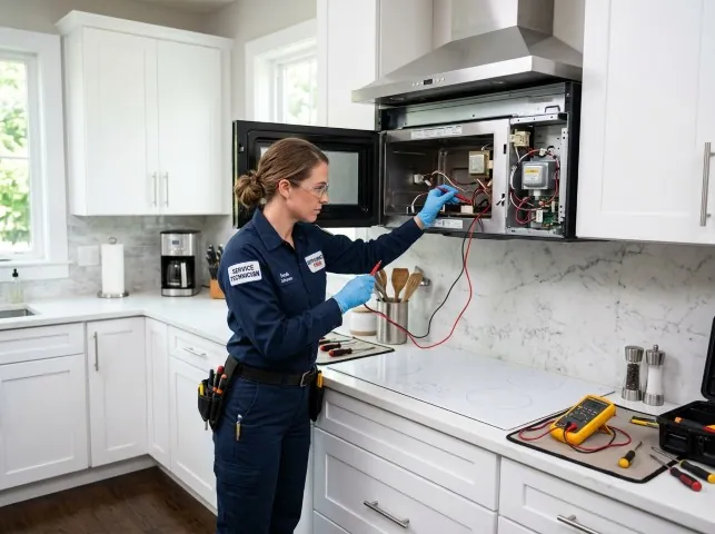 Appliance Repair Hero technician testing an over-the-range microwave in a Bliss, NY kitchen