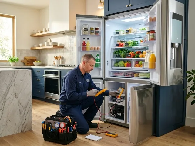 Appliance Repair Hero refrigerator technician testing a fridge on a Bliss, NY service call