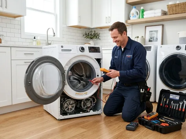 Appliance Repair Hero technician testing a front-load washer with a multimeter on a Bliss, NY service call